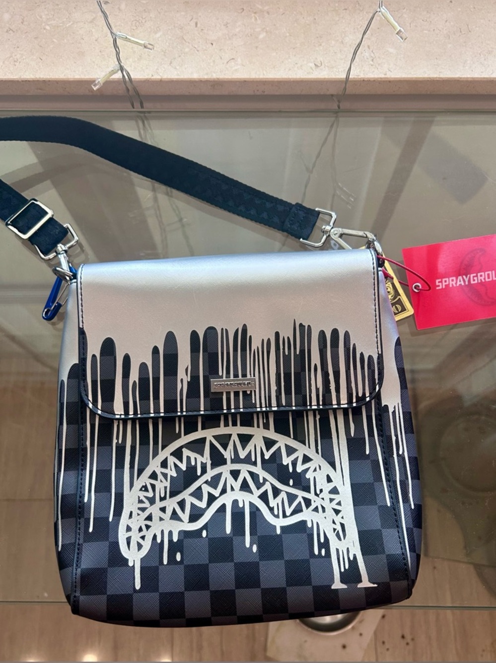 Sprayground Black & Silver Drip Shark Checkerboard Crossbody Bag NWT